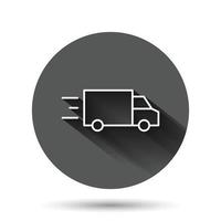icono de camión en estilo plano. ilustración de vector de entrega automática sobre fondo redondo negro con efecto de sombra larga. concepto de negocio de botón de círculo de automóvil de camión.
