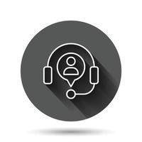 Helpdesk icon in flat style. Headphone vector illustration on black round background with long shadow effect. Chat operator circle button business concept.