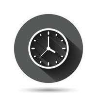 Clock icon in flat style. Watch vector illustration on black round background with long shadow effect. Timer circle button business concept.