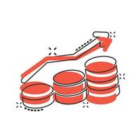 icono de aumento de la tasa de ingresos en estilo cómico. Ilustración de vector de dibujos animados de rendimiento financiero sobre fondo blanco aislado. moneda con concepto de negocio de efecto de salpicadura de flecha de crecimiento.