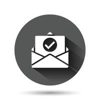 Envelope with confirmed document icon in flat style. Verify vector illustration on black round background with long shadow effect. Receive circle button business concept.