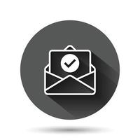 Envelope with confirmed document icon in flat style. Verify vector illustration on black round background with long shadow effect. Receive circle button business concept.