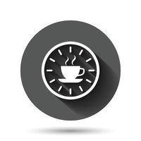 Coffee break icon in flat style. Clock with tea cup vector illustration on black round background with long shadow effect. Breakfast time circle button business concept.