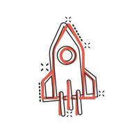 Rocket icon in comic style. Spaceship launch cartoon vector illustration on white isolated background. Sputnik splash effect business concept.