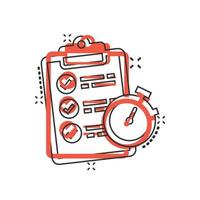 Document witch clock icon in comic style. Checklist survey cartoon vector illustration on white isolated background. Fast service splash effect business concept.