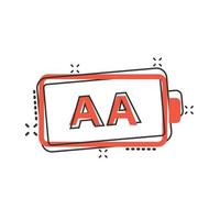 AA battery icon in comic style. Power level cartoon vector illustration on white isolated background. Lithium accumulator splash effect business concept.