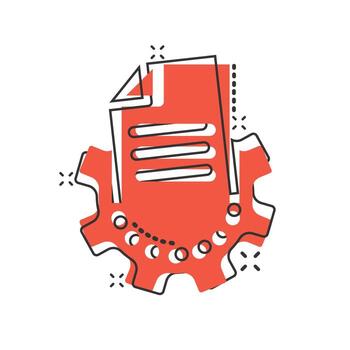 documento con icono de engranaje en estilo cómico. Ilustración de vector de dibujos animados de procesamiento de datos grandes sobre fondo blanco aislado. concepto de negocio de solución de efecto de salpicadura de software de hoja de papel.