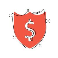 Shield with money icon in comic style. Cash protection cartoon vector illustration on white isolated background. Banking splash effect business concept.