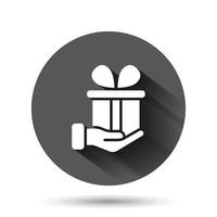 Gift box icon in flat style. Present on black round background with long shadow effect. Surprise circle button business concept. vector