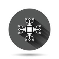 icono de chip de computadora en estilo plano. ilustración de vector de placa de circuito sobre fondo redondo negro con efecto de sombra larga. concepto de negocio de botón de círculo de procesador de cpu.