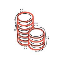 Coins stack icon in comic style. Dollar coin cartoon vector illustration on white isolated background. Money stacked splash effect business concept.