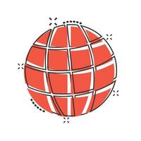 icono del planeta tierra en estilo cómico. ilustración de vector de dibujos animados geográficos de globo sobre fondo blanco aislado. concepto de negocio de efecto de salpicadura de comunicación global.