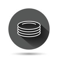 icono de placa en estilo plano. Ilustración de vector de plato sobre fondo redondo negro con efecto de sombra larga. concepto de negocio de botón de círculo de vajilla.