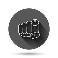 Finger point icon in flat style. Hand gesture vector illustration on black round background with long shadow effect. You forward circle button business concept.