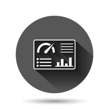 Dashboard icon in flat style. Finance analyzer vector illustration on black round background with long shadow effect. Performance algorithm circle button business concept.