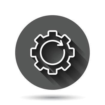 Recovery gear icon in flat style. Repeat vector illustration on black round background with long shadow effect. Rotation circle button business concept.