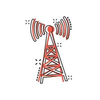 icono de torre de antena en estilo cómico. Ilustración de vector de dibujos animados de difusión sobre fondo blanco aislado. concepto de negocio de efecto de salpicadura wifi.