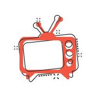 icono de tv en estilo cómico. ilustración de vector de signo de dibujos animados de televisión sobre fondo blanco aislado. concepto de negocio de efecto de salpicadura de canal de video.