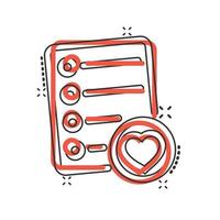 Wishlist icon in comic style. Like document cartoon vector illustration on white isolated background. Favorite list splash effect business concept.