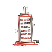 Building icon in comic style. Town skyscraper apartment cartoon vector illustration on white isolated background. City tower splash effect business concept.