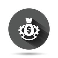 Money optimization icon in flat style. Gear effective vector illustration on black round background with long shadow effect. Finance process circle button business concept.