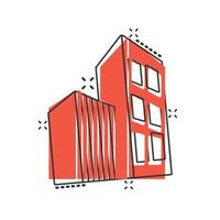 icono de construcción en estilo cómico. Ilustración de vector de dibujos animados de rascacielos sobre fondo blanco aislado. concepto de negocio de efecto de salpicadura de arquitectura.