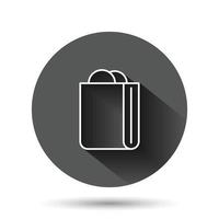 Shopping bag icon in flat style. Handbag sign vector illustration on black round background with long shadow effect. Package circle button business concept.