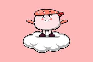 lindo personaje de camarones de sushi de dibujos animados parado en la nube vector