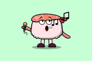 Cute cartoon Sushi shrimp singer holding mic vector