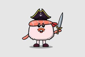 Cute cartoon Sushi shrimp pirate holding sword vector