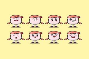 Expresiones de personajes de dibujos animados de camarones de sushi kawaii vector