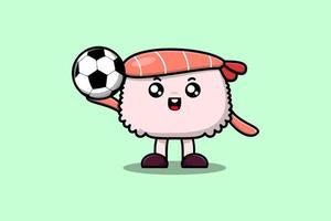 Cute cartoon Sushi shrimp character play football vector