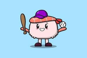 personaje de camarones de sushi de dibujos animados lindo jugar béisbol vector