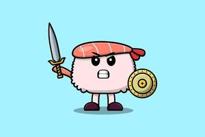 Cute cartoon Sushi shrimp holding sword and shield vector