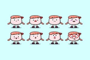 Expresiones de personajes de dibujos animados de camarones de sushi kawaii vector