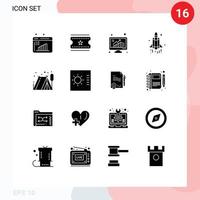 Modern Set of 16 Solid Glyphs Pictograph of outdoor technology bars space launch Editable Vector Design Elements