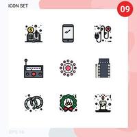 Mobile Interface Filledline Flat Color Set of 9 Pictograms of spring radio eco music device Editable Vector Design Elements