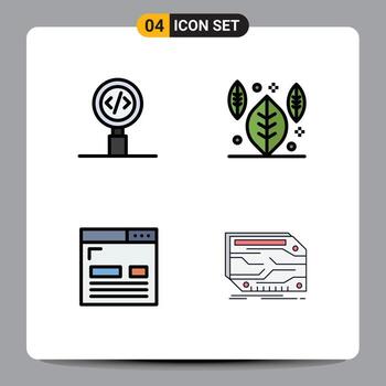 conjunto de color plano de línea de relleno de interfaz móvil de 4 pictogramas de diseño de código programación diseño de hoja elementos de diseño vectorial editables vector