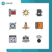 paquete de 9 signos y símbolos de colores planos de línea de relleno modernos para medios de impresión web, como elementos de diseño de vectores editables de hardware de zanahoria de teléfono de comida de primavera