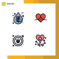 Pack of 4 Modern Filledline Flat Colors Signs and Symbols for Web Print Media such as bio wrapper ecofriendly heart padlock Editable Vector Design Elements