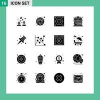 Pack of 16 Modern Solid Glyphs Signs and Symbols for Web Print Media such as pin store energy shop market Editable Vector Design Elements