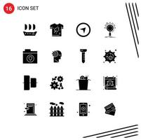 Set of 16 Vector Solid Glyphs on Grid for files setting direction process search Editable Vector Design Elements