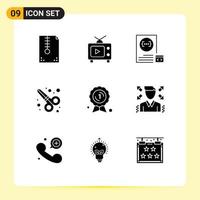 Mobile Interface Solid Glyph Set of 9 Pictograms of award scissor tool video graphic design development Editable Vector Design Elements