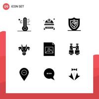 Group of 9 Modern Solid Glyphs Set for bull adornment helmet security protection Editable Vector Design Elements