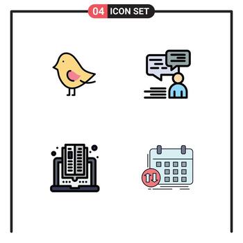 conjunto de 4 colores planos de línea de llenado vectorial en la cuadrícula para el usuario de chat de computadora de aves que lee elementos de diseño vectorial editables vector
