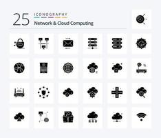 paquete de iconos de 25 glifos sólidos de red y computación en la nube, incluida la red. almacenamiento. mensaje. red. informática vector