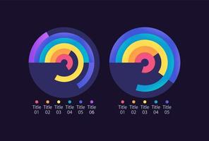 Radial bar infographic chart design template set for dark theme. Compare key metrics. Sales report. Visual data presentation. Editable circular diagrams collection vector