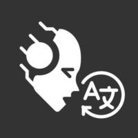 AI translates white linear glyph icon for night mode. Speech recognition. Neural network model. Negative space silhouette symbol on dark theme background. Solid pictogram. Vector isolated illustration