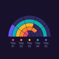 Semi circle infographic chart design template for dark theme. Five titles. Editable arc infochart with different indicators. Visual data presentation vector