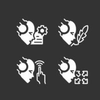 Artificial intelligence capabilities white linear glyph icons set for night mode. Negative space silhouette symbols on dark theme background. Solid pictograms. Vector isolated illustrations
